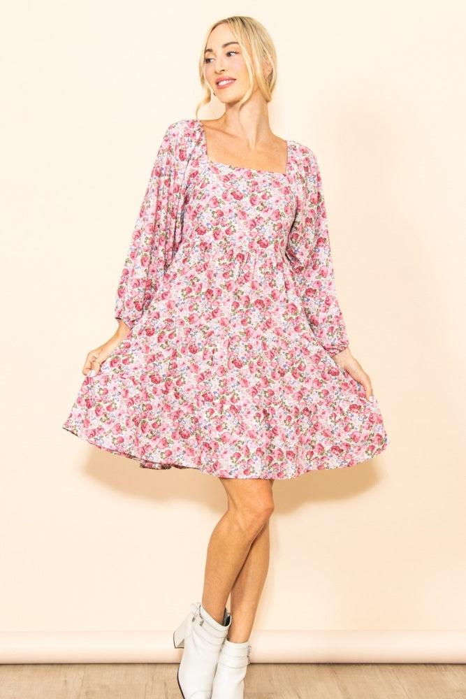 Pink Rose Print Long Sleeve Dress