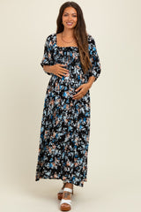 Black Floral Smocked Front Tie Maternity Maxi Dress