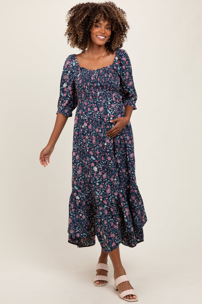 Navy Floral Smocked Handkerchief Hem Maternity Maxi Dress