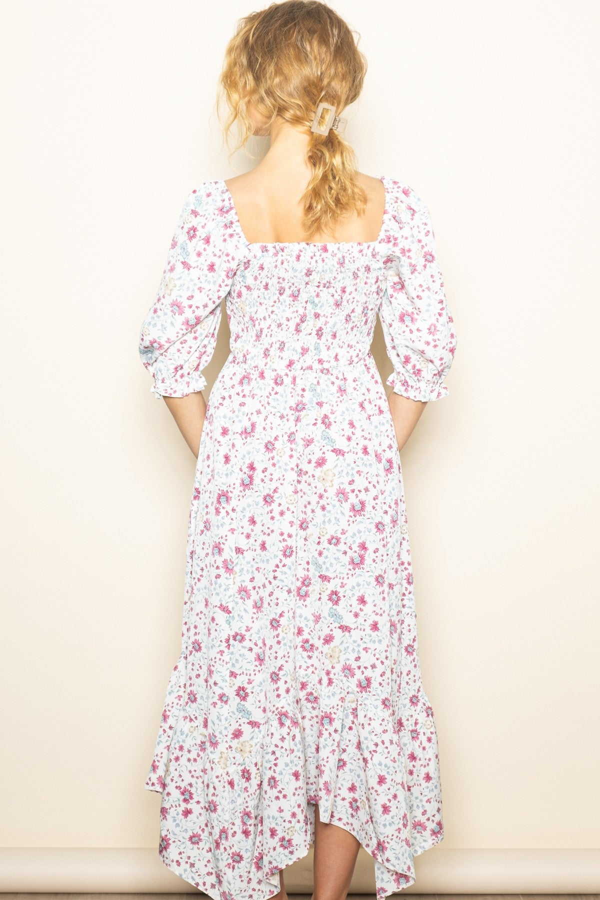 Ivory Floral Smocked Handkerchief Hem Maxi Dress