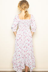 Ivory Floral Smocked Handkerchief Hem Maxi Dress