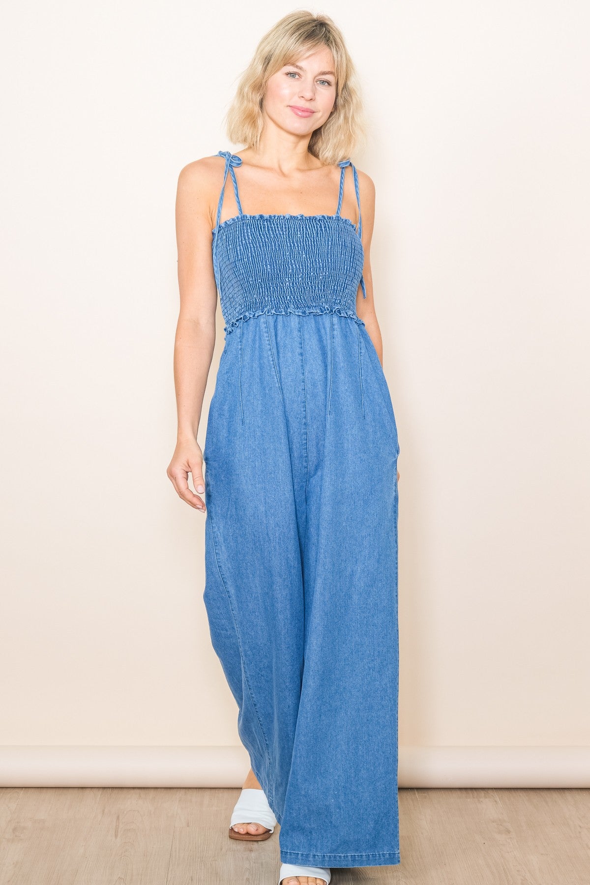 Blue Chambray Shoulder Tie Smocked Jumpsuit