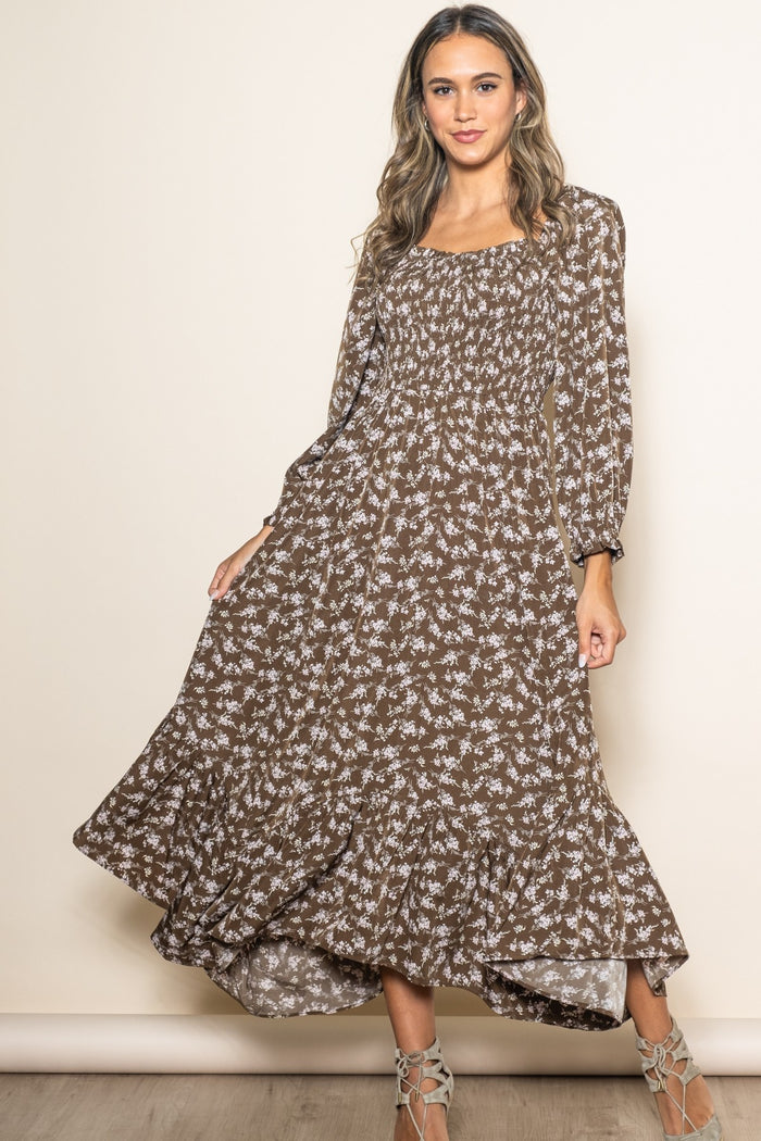 Brown Floral Smocked Handkerchief Hem Maternity Maxi Dress