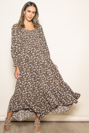 Brown Floral Smocked Handkerchief Hem Maxi Dress