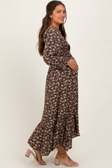 Brown Floral Smocked Handkerchief Hem Maternity Maxi Dress