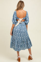 Blue Floral Back Cutout Ribbon Tie Maternity Maxi Dress
