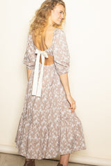 Light Taupe Floral Back Cutout Ribbon Tie Maxi Dress