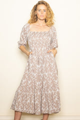 Light Taupe Floral Back Cutout Ribbon Tie Maternity Maxi Dress