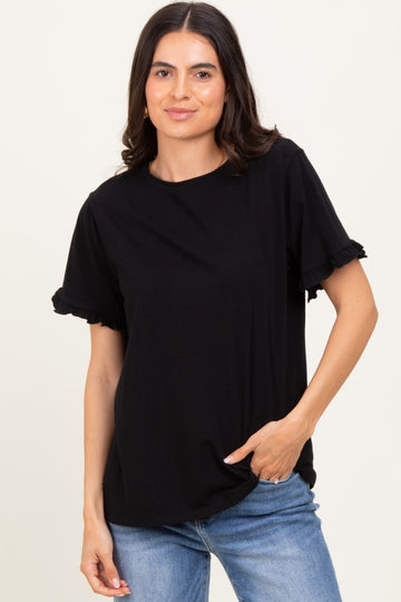Black Ruffle Trim Short Sleeve T-Shirt