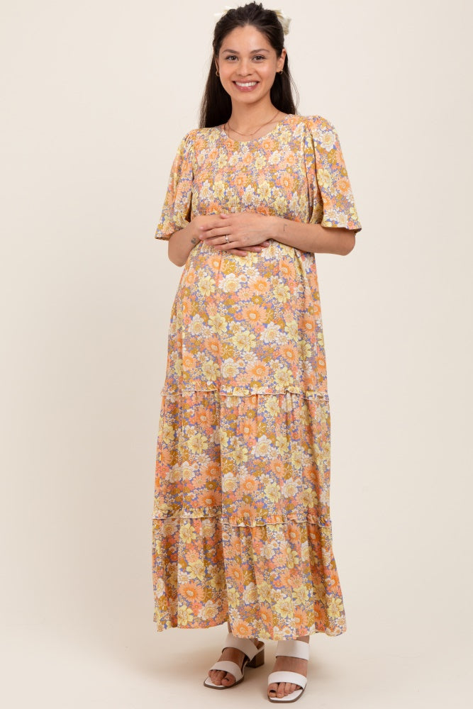 Peach Floral Smocked Ruffle Tier Maternity Maxi Dress