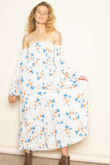 Ivory Floral Off Shoulder Long Sleeve Maxi Dress