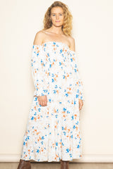 Ivory Floral Off Shoulder Long Sleeve Maxi Dress