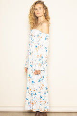 Ivory Floral Off Shoulder Long Sleeve Maxi Dress