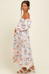 Ivory Floral Off Shoulder Long Sleeve Maternity Maxi Dress