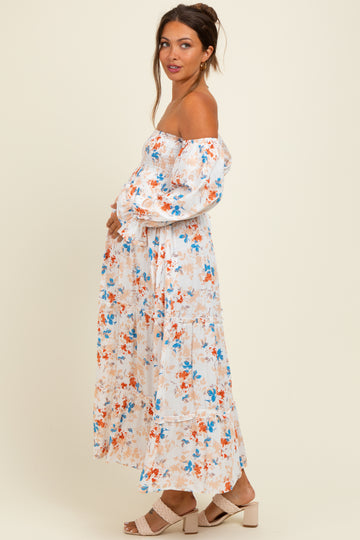 Ivory Floral Off Shoulder Long Sleeve Maternity Maxi Dress