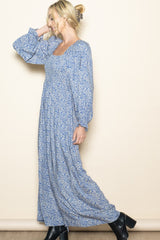 Blue Floral Long Sleeve Wide Leg Jumpsuit