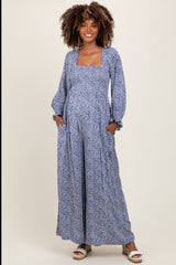 Blue Floral Long Sleeve Wide Leg Maternity Jumpsuit