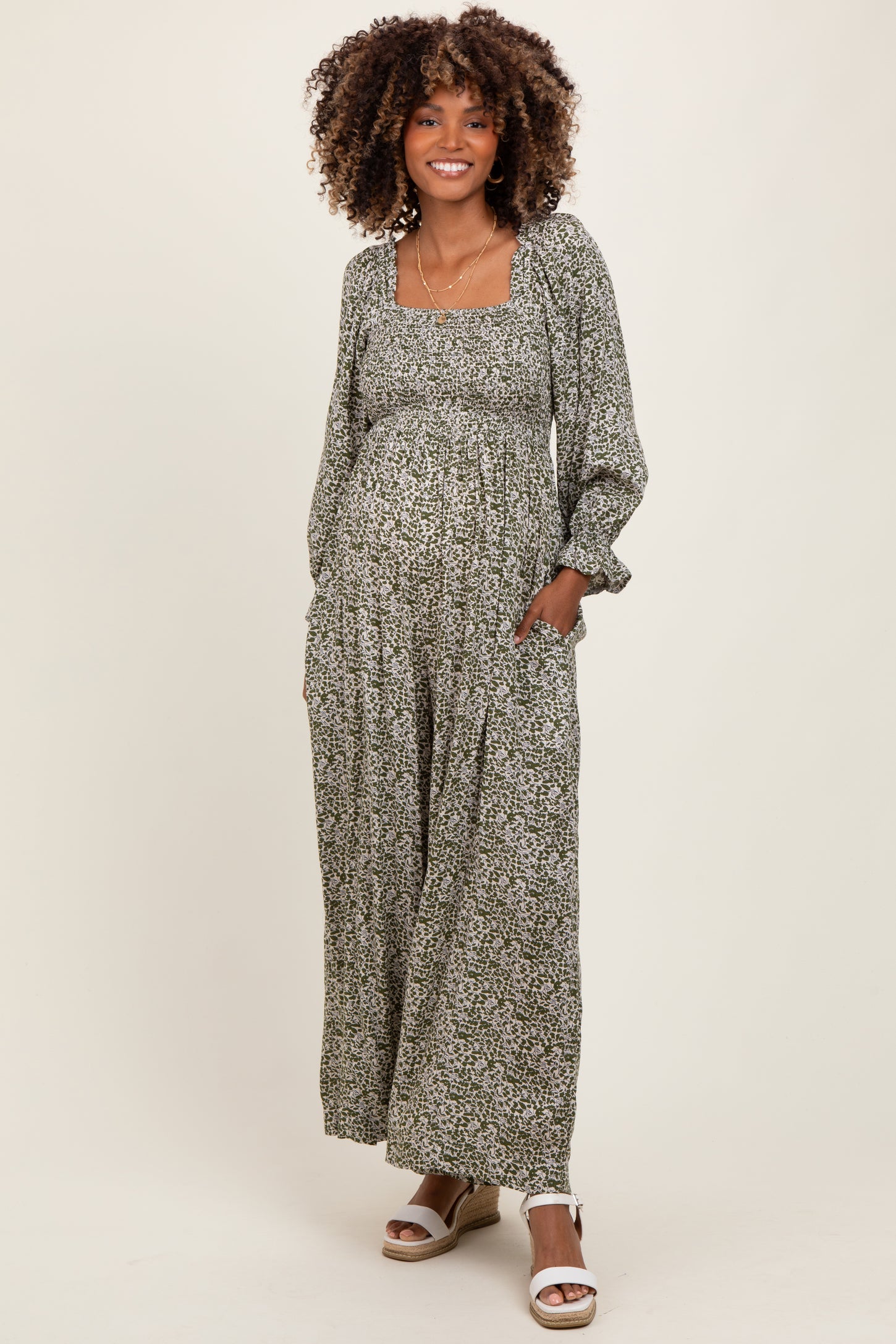 Olive Floral Long Sleeve Wide Leg Maternity Jumpsuit