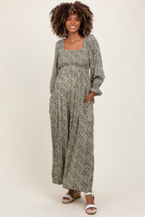 Olive Floral Long Sleeve Wide Leg Maternity Jumpsuit
