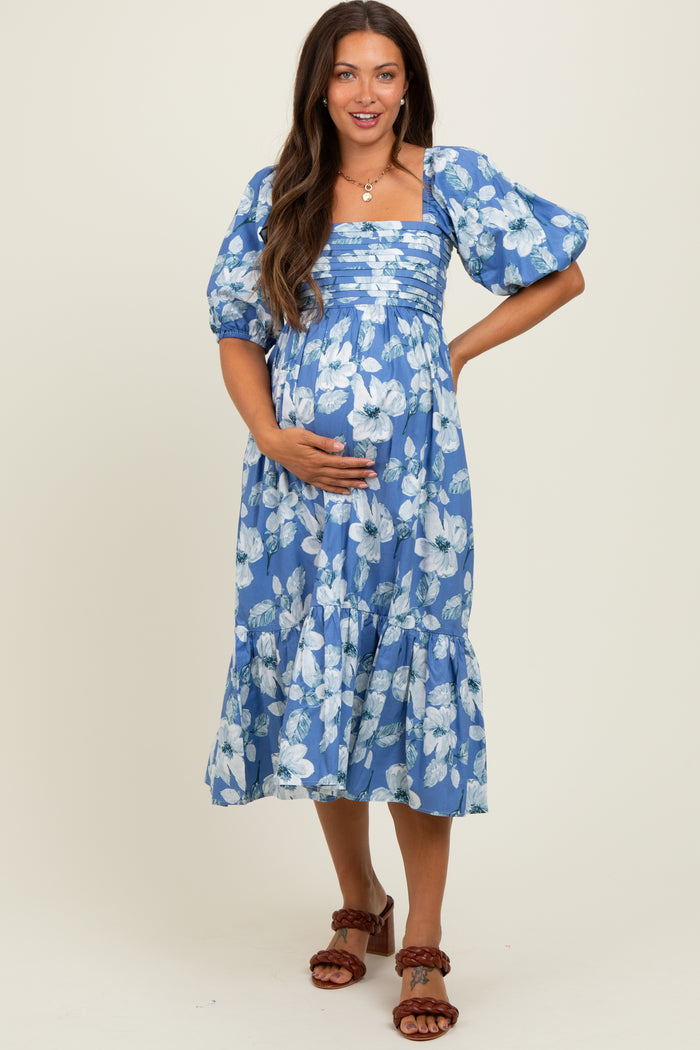 Blue Floral Pleated Bodice Maternity Midi Dress