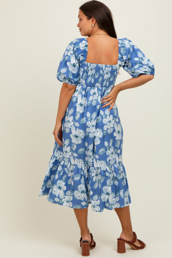 Blue Floral Pleated Bodice Maternity Midi Dress