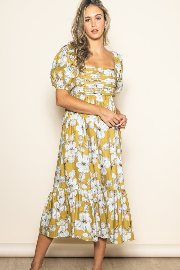 Olive Floral Pleated Bodice Maternity Midi Dress