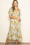 Olive Floral Pleated Bodice Midi Dress