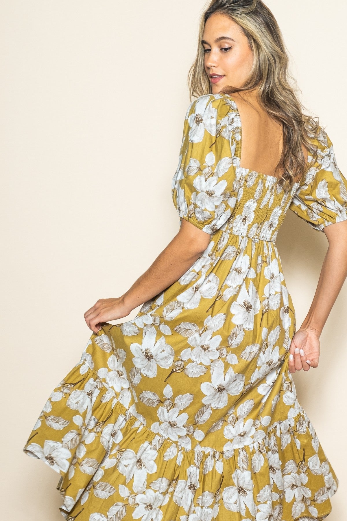 Olive Floral Pleated Bodice Midi Dress
