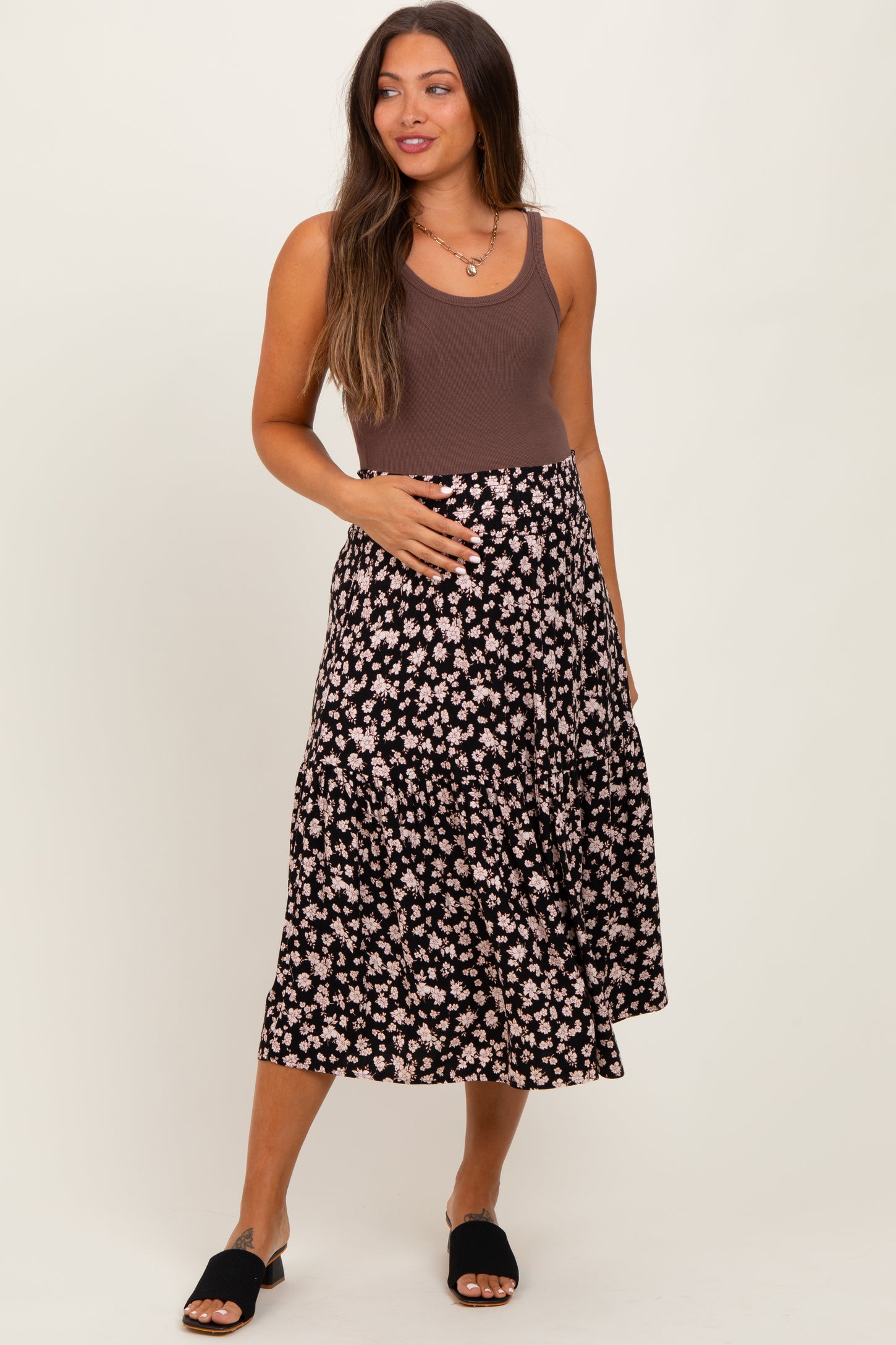 Black Floral Tiered Maternity Midi Skirt