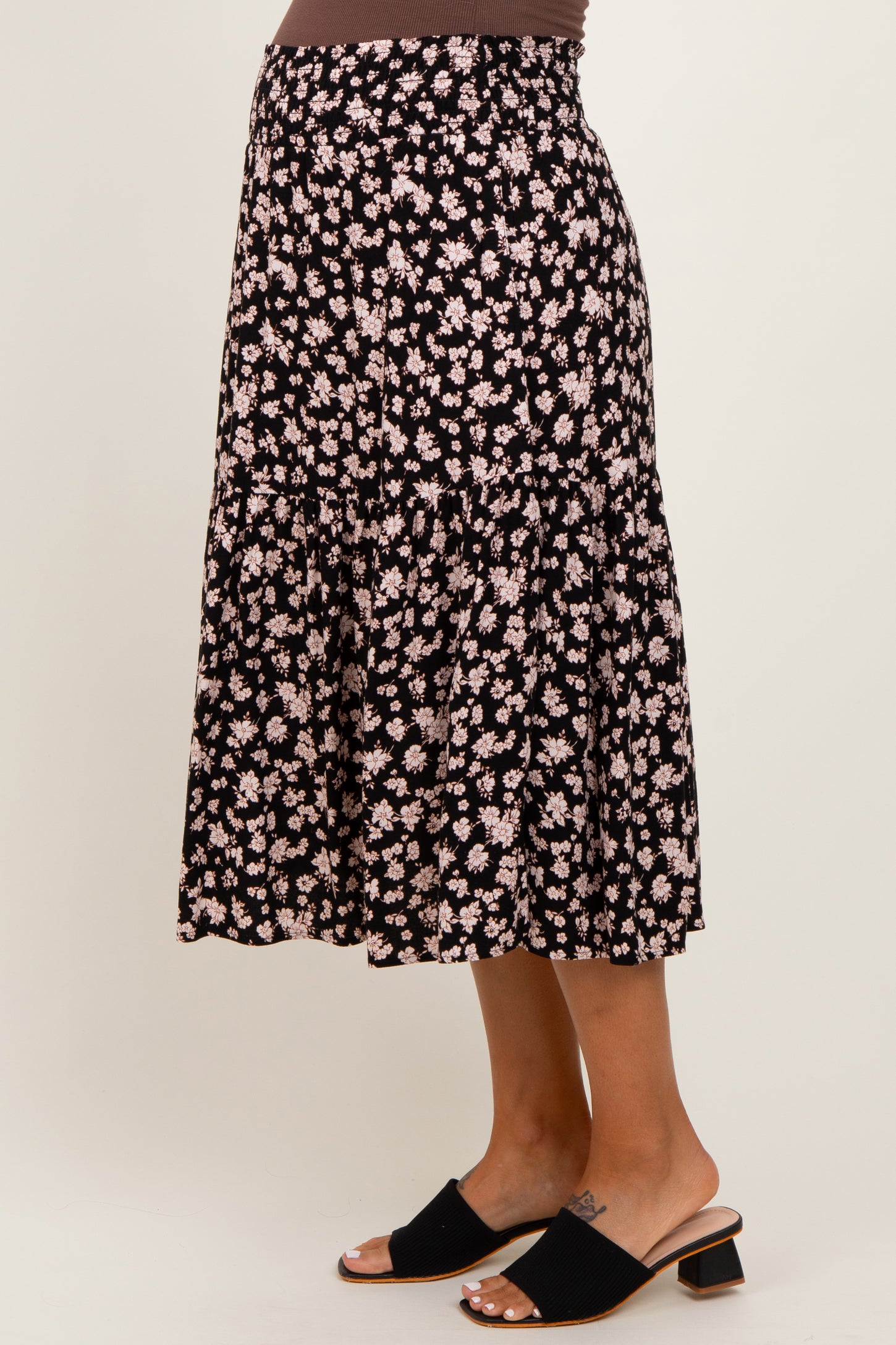 Black Floral Tiered Maternity Midi Skirt