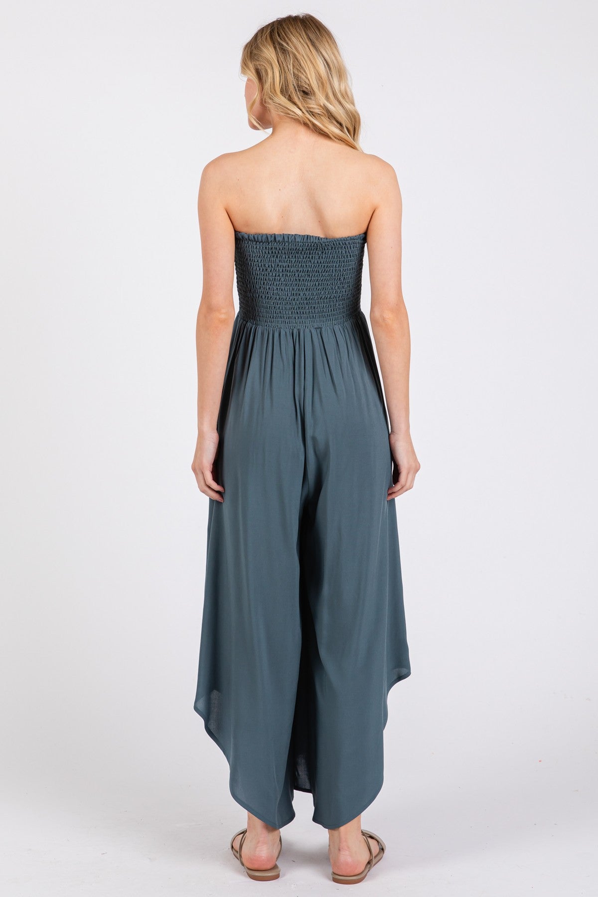 Dark Teal Strapless Smocked Tulip Leg Jumpsuit