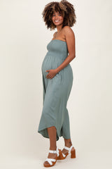 Light Olive Strapless Smocked Tulip Leg Maternity Jumpsuit