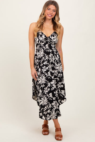 Black Tropical Floral Front Cinch Tie Midi Dress