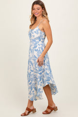 Light Blue Tropical Floral Front Cinched Tie Midi Dress