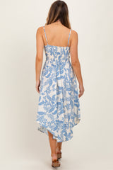 Light Blue Tropical Floral Front Cinched Tie Midi Dress