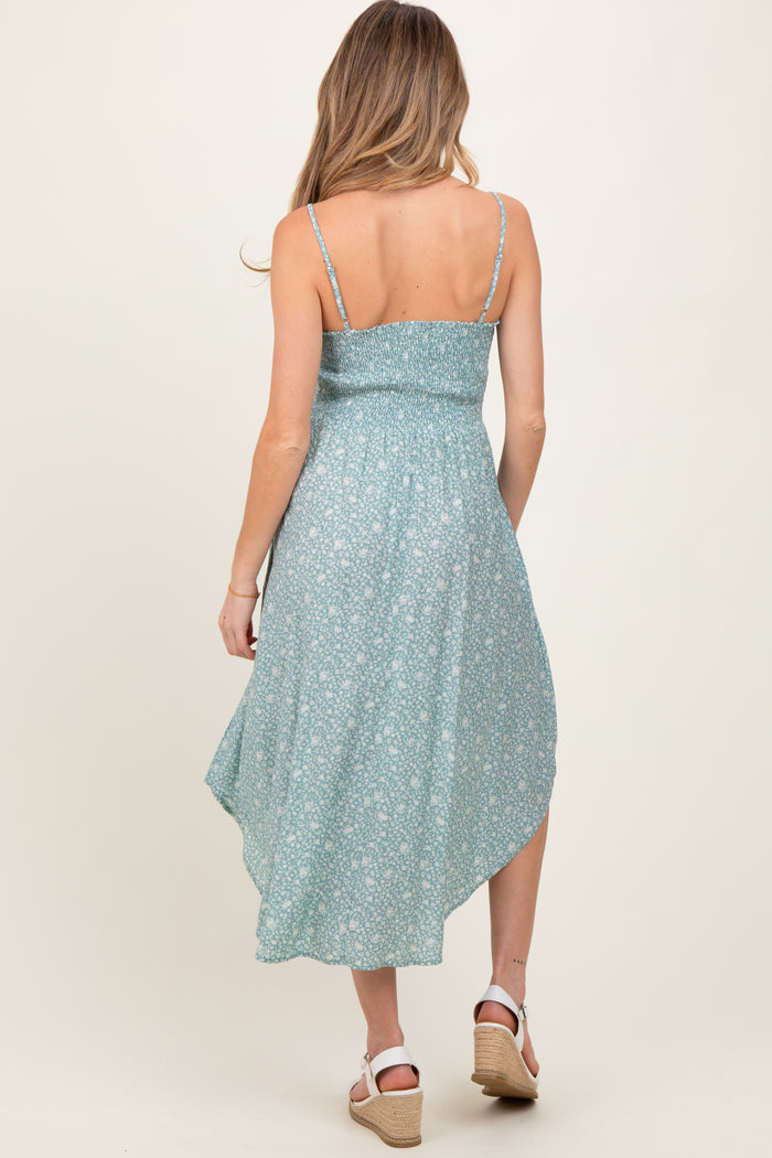 Mint Floral Cinched Front Tie Maternity Midi Dress
