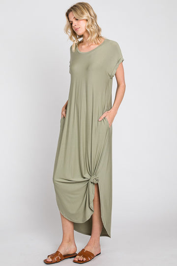 Light Olive Round Hem Side Slit Maxi Dress