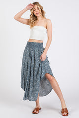 Blue Floral Smocked Waist Midi Skirt