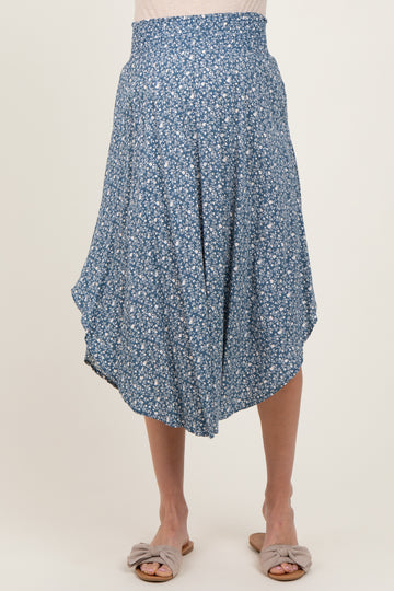 Blue Floral Smocked Waist Maternity Midi Skirt
