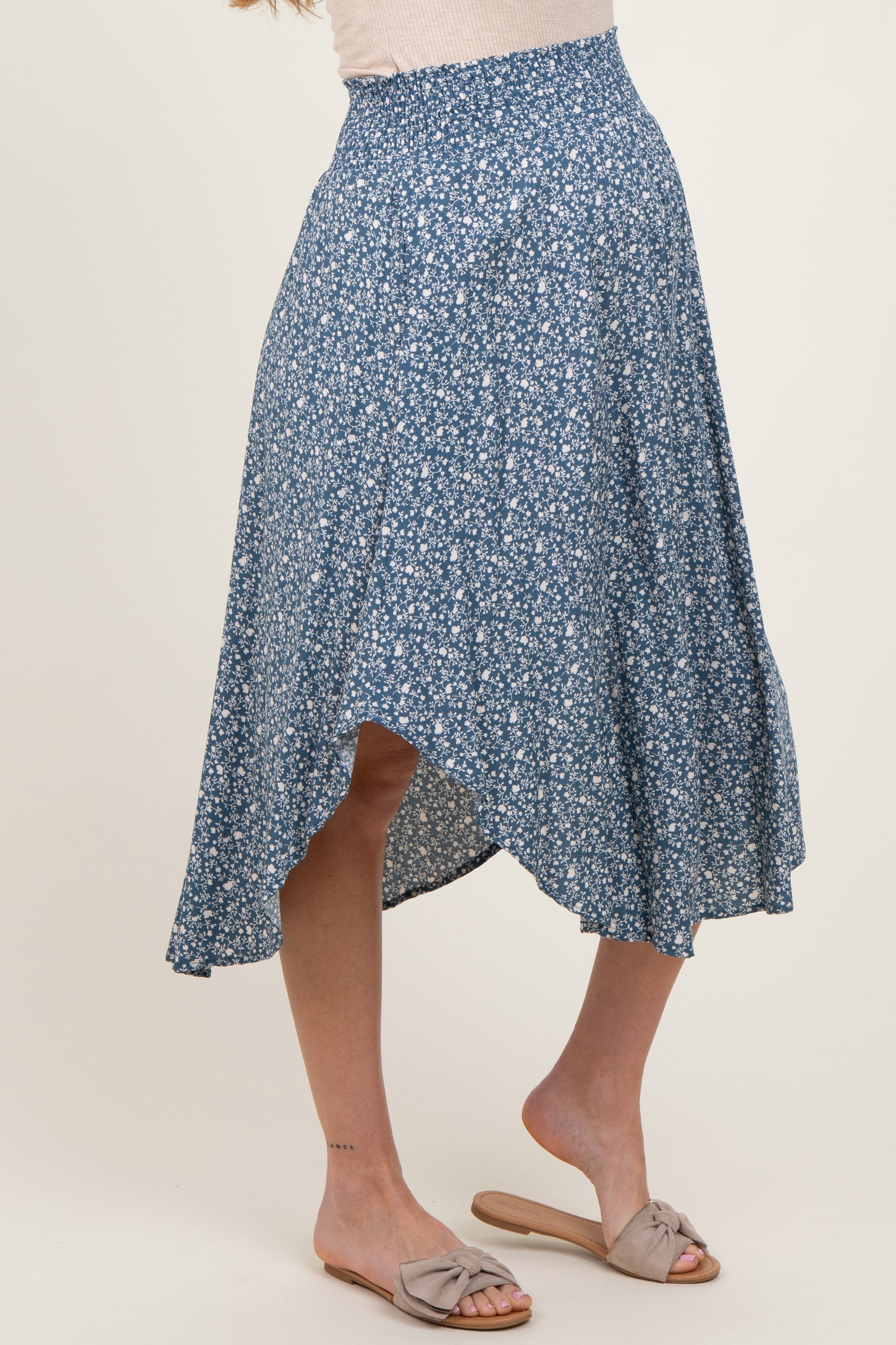 Blue Floral Smocked Waist Maternity Midi Skirt