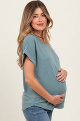 Light Olive Rolled Cuff Short Sleeve Maternity Top