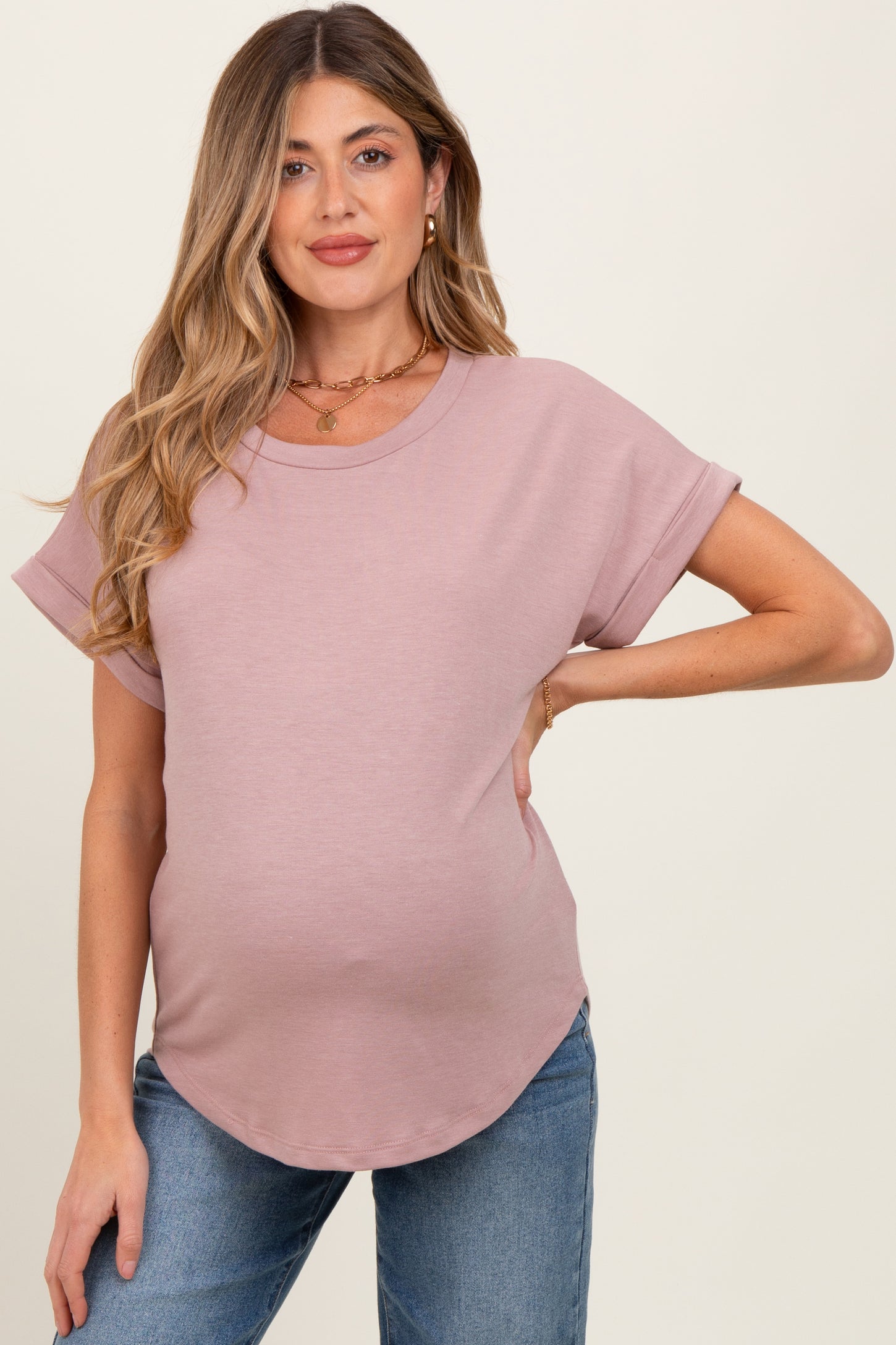 Light Mauve Rolled Cuff Short Sleeve Maternity Top