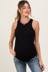 Black Ribbed Basic Crew Neck Maternity Tank