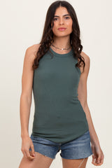 Olive Ribbed Basic Crew Neck Tank