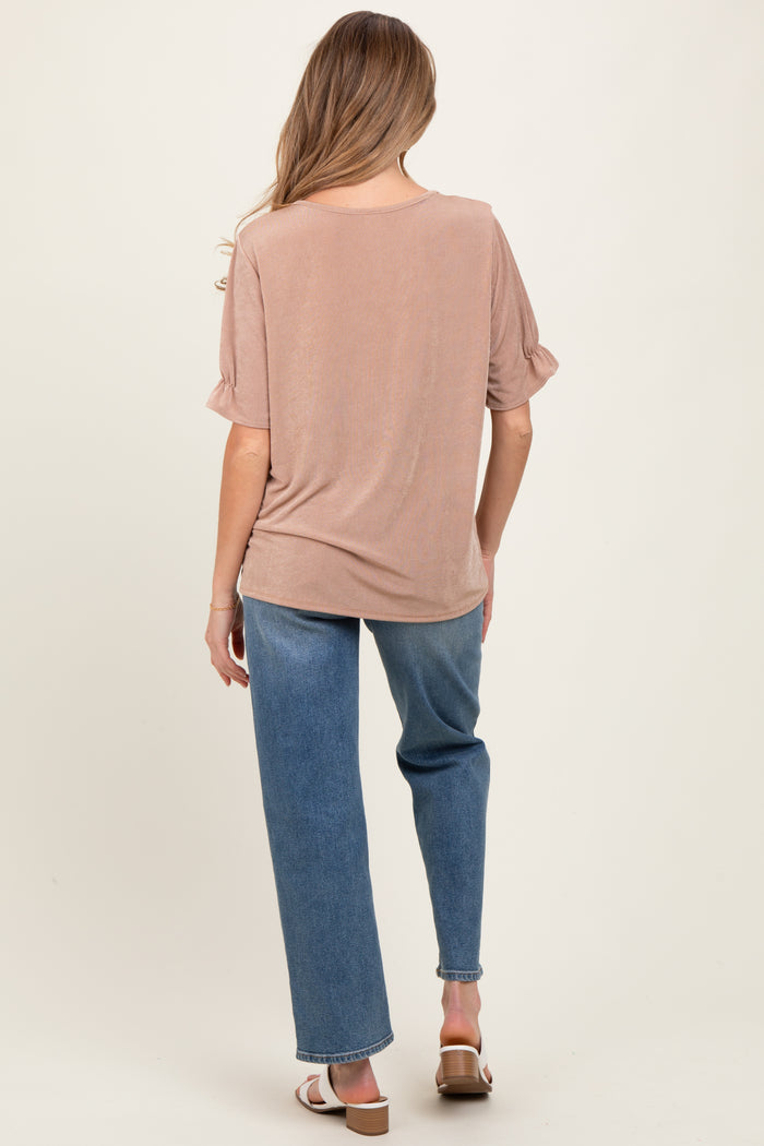 Mocha Relaxed Ruffle Detail Short Sleeve Maternity Top