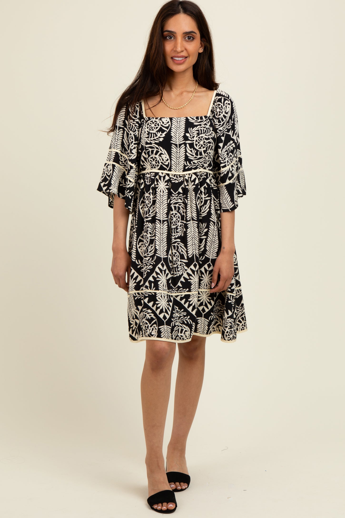 Black Printed Tie Back Contrast Trim Dress