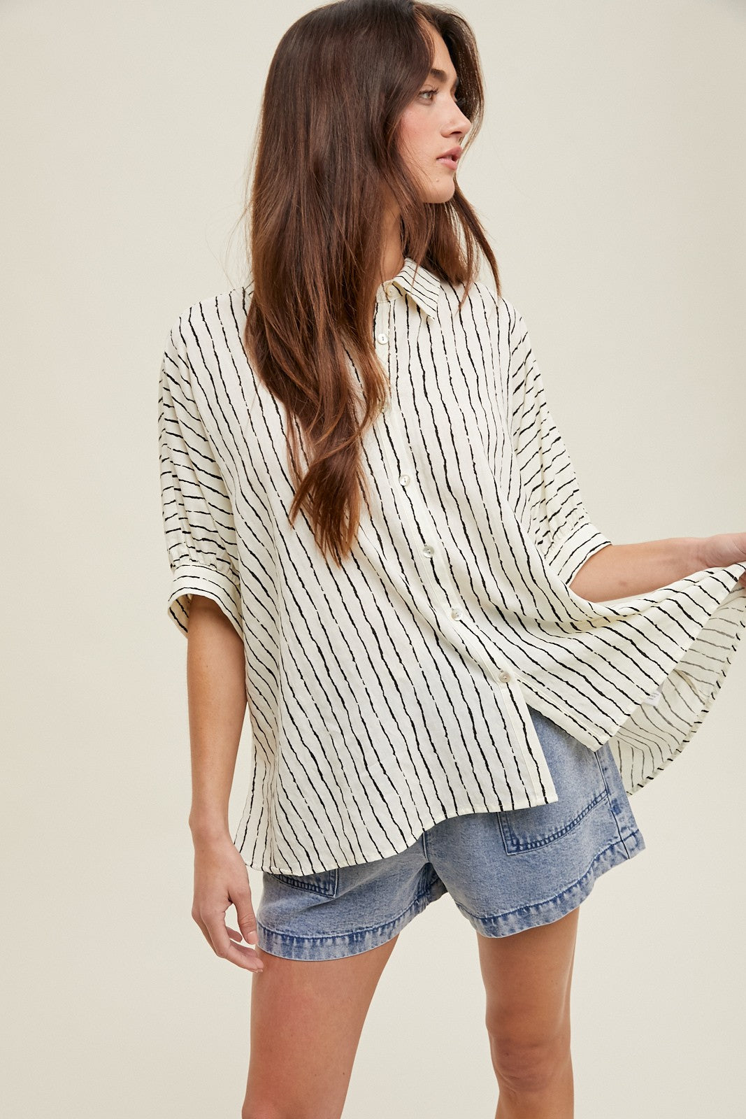 Ivory Striped Drop Shoulder Button Down Blouse