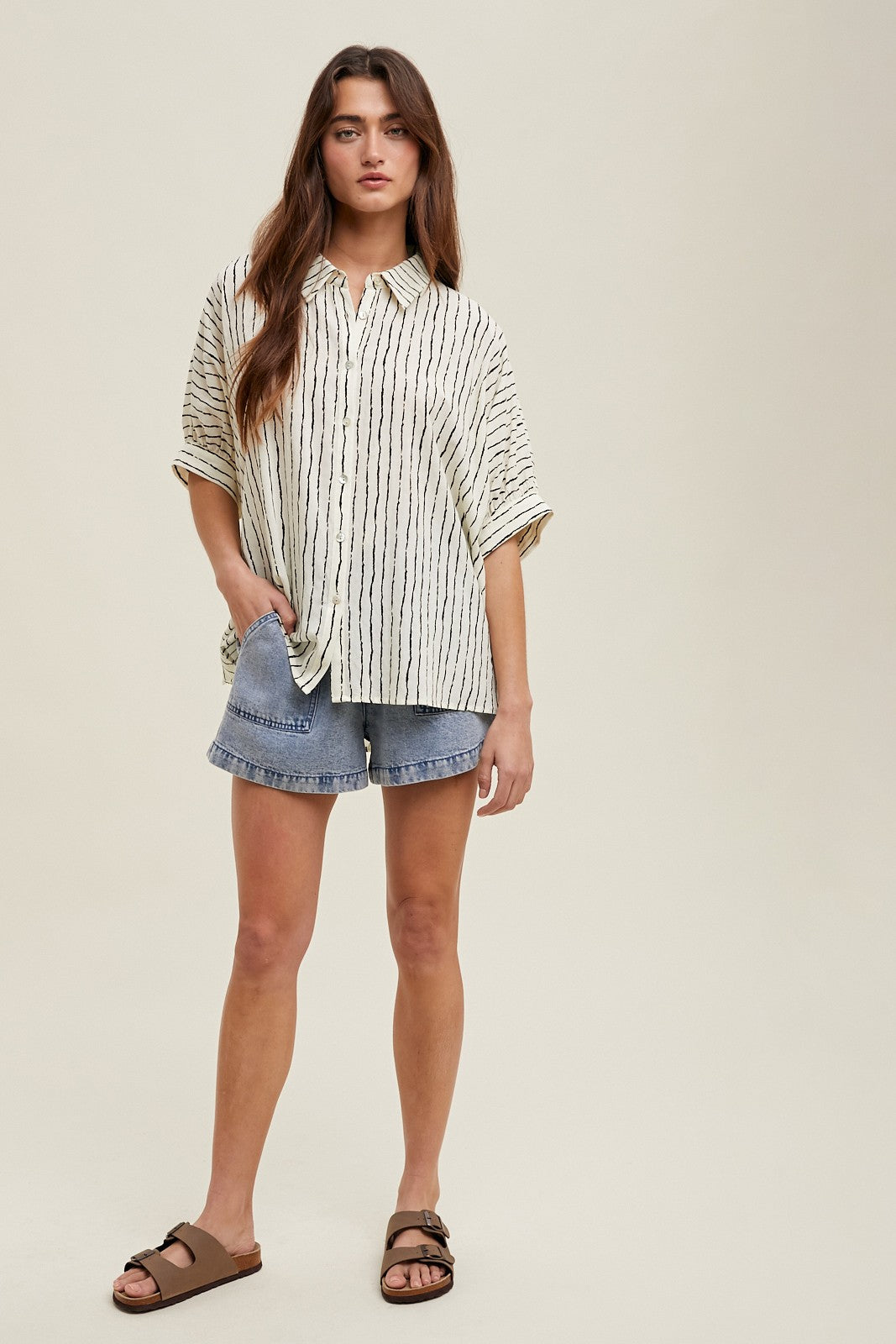 Ivory Striped Drop Shoulder Button Down Blouse