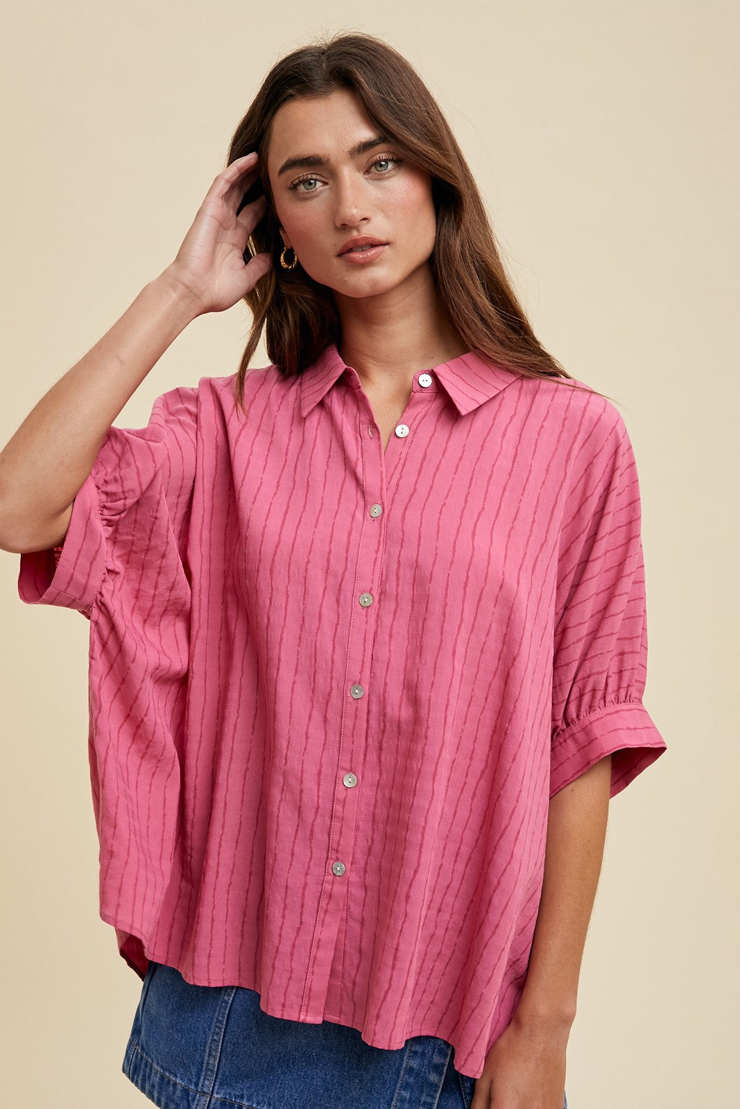 Fuchsia Striped Drop Shoulder Button Down Blouse