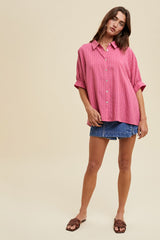 Fuchsia Striped Drop Shoulder Button Down Blouse